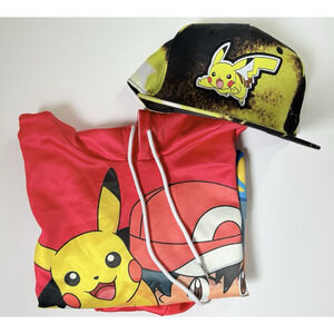 Pokemon Youth M Hoodie Sweatshirt Snapback Hat Bundle Pikachu Ash Charmander